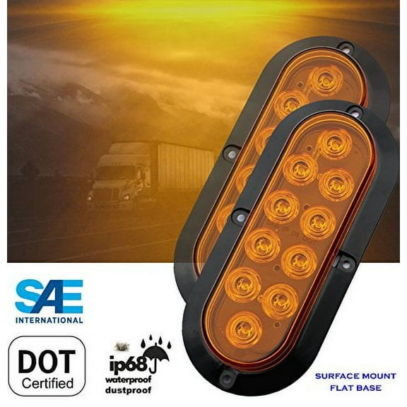 Pair ( 2 Pieces ) Amber Yellow 6" Oval LED Light Waterproof Surface Mount Turn Tail Signal Parking for Truck Trailer Tractor Jeep RV Flat Base DOT SAE Approved