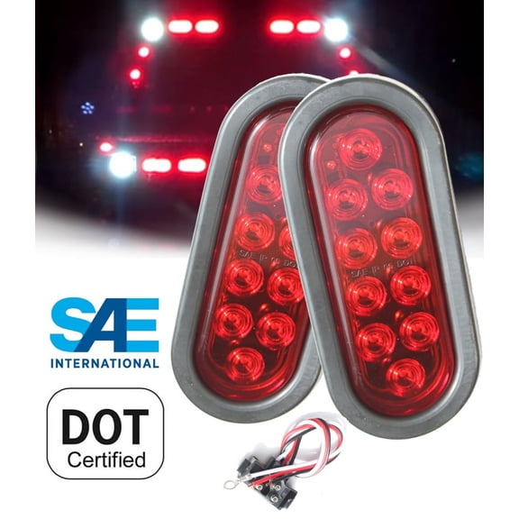 Pair ( 2 Pieces ) LED 6" Oval Red Brake Stop Turn Tail Marker Signal Lights for Truck Trailer Tractor w Grommet Pigtail Kit DOT SAE Approved