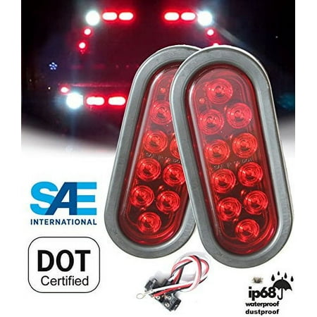 KT Pair (2 pcs) 6" Oval Red LED Brake/Stop/Turn Tail Lights Kit (DOT SAE) with Grommet & Pigtail for Truck, Trailer, Tractor & Jeep