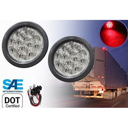 Pair of 4" Clear Lens Round Red LED Light Brake Stop Turn Tail Signal w Grommet Pigtail Kit for Truck Trailer Tractor Jeep DOT SAE Approved Set of 2 Pieces