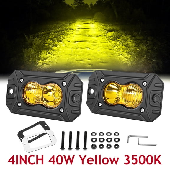 Pair 4inch LED Work Light Pods Flush Mount 40W Yellow Combo Beam Fog Light Backup Reverse Ditch Light