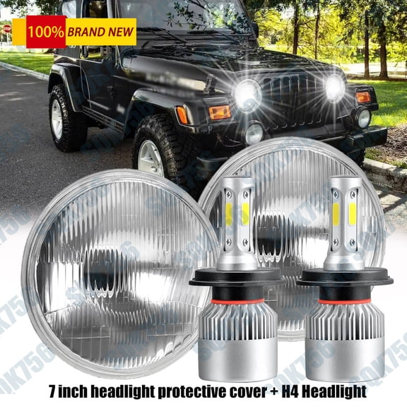 Pair 7" Inch Glass Round LED Headlights H4 Bulbs For Jeep Wrangler JK LJ TJ CJ