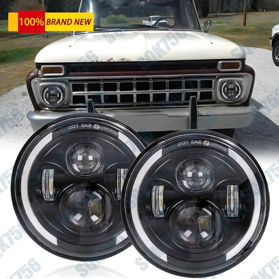 Pair 7''Inch LED Headlights Halo DRL For Ford F-100 F-250 F-350 Pickup 1953-1977