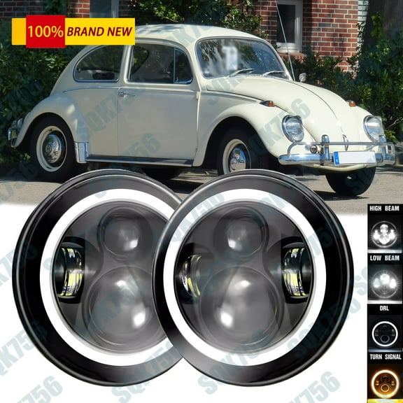Pair 7" Inch Round LED Headlights Hi/Low Beam Halo DRL for VW Beetle 1950-1979
