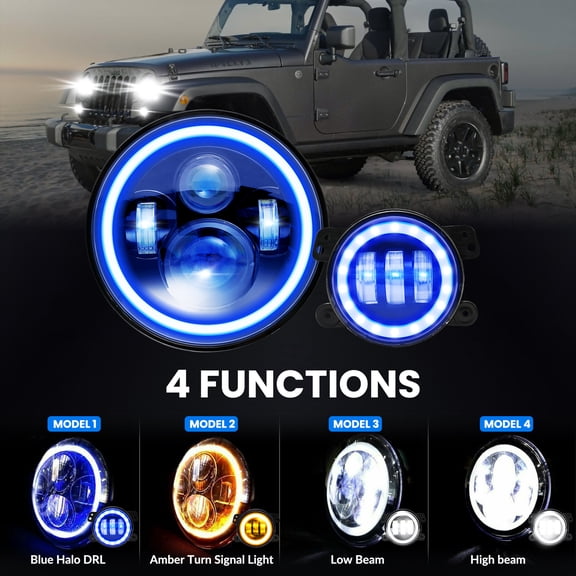 Pair 7" RGB LED Headlights Halo DRL+Pair 4" Foglights Blue