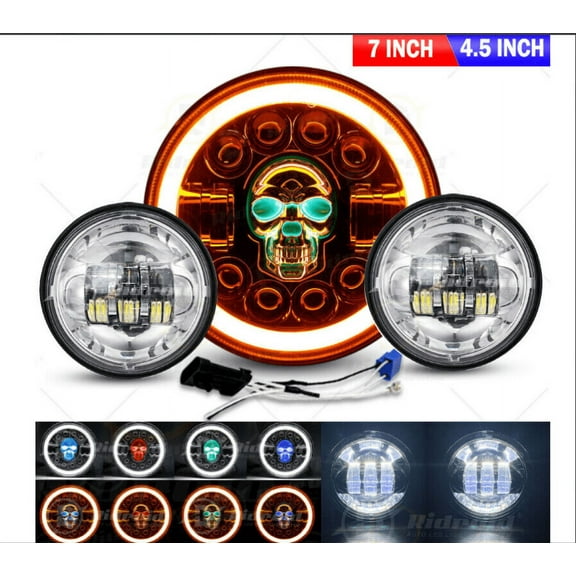 Pair 7" RGB LED Headlights Halo Skull DRL+Pair 4.5" Headlights