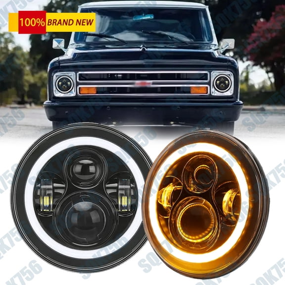 Pair 7" Round LED Headlights Black Hi/Lo DRL For Chevy C10 C20 C30 Pickup Nova
