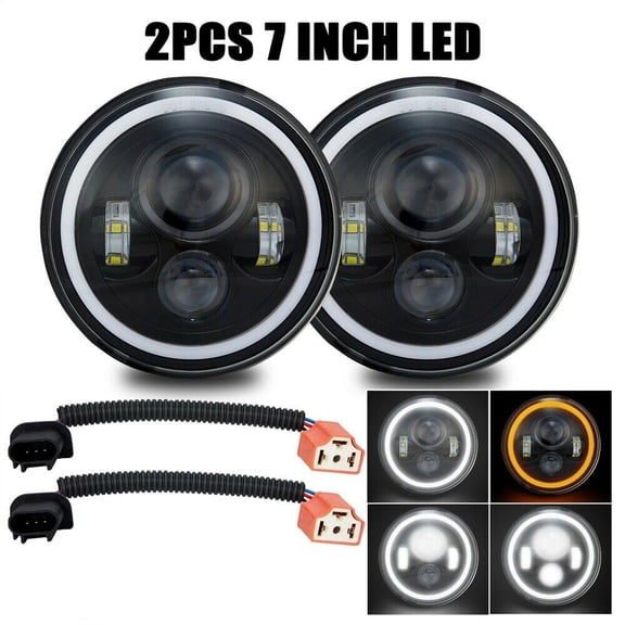 Pair 7" inch Round LED Headlights with DRL Halo Hi&Lo Sealed Beam Headlamps Compatible with Jeep Wrangler JK TJ LJ CJ Hummber H1 H2 DOT Approved