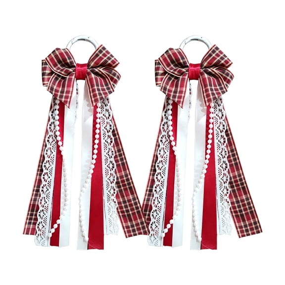 Pair of 7X3 Inch Red Plaid Ribbon Bow Shoe Charms, Bike Streamers for Girls, Bike Accessories for Girls, Red Gingham Ribbon, Soft Tassel Lace Pearl Trim Decorations for Casual