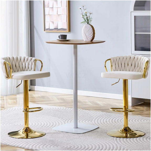 Pair of Adjustable Swivel Bar Stools, Velvet Upholstered with Braided Rope Back and Gold Metal Base, Set of 2 Modern Counter Height Chairs for Kitchen Island