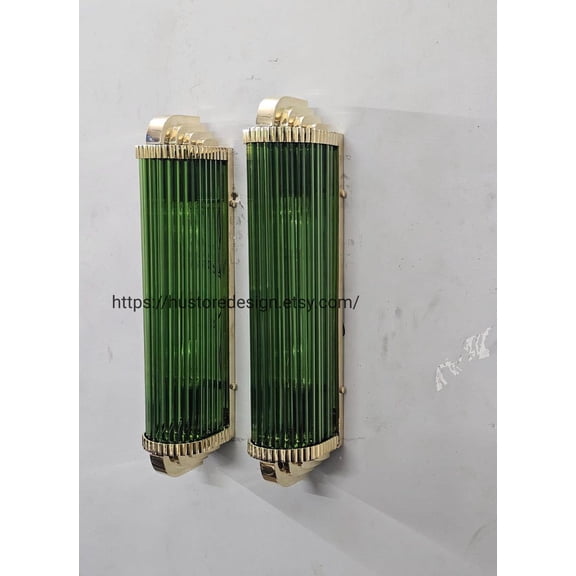 Pair Art Deco Green Glass & Brass Wall Sconce Lights | Vintage Style Fixture