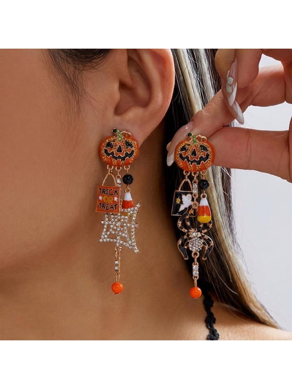 A Pair of Asymmetrical Halloween Pumpkin Pendant Earrings with Rhinestones and Exaggerated Spiderweb Design, Featuring Quirky and Fun Chubby Stud Earrings for Women