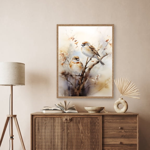 Pair Bird Wall Art Prints, Moody Rustic Fall, Autumn, Sparrow, Love, Seasonal Living Room And Home Decor