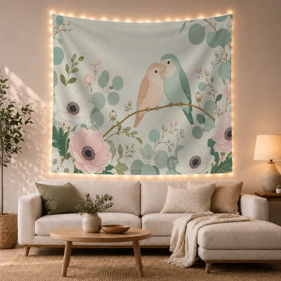 Pair Birds Soft with Blush Other Mint Perched, Nostalgic Vintage for Botanical Art Lovers, Botanical Wall Decor, Valentine'S Day Gift, Tapestry Wall Hanging for Bedroom and Dorm