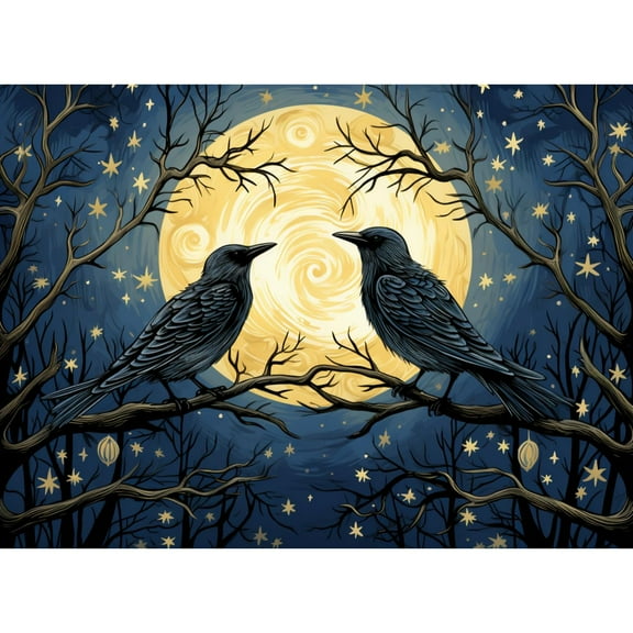A Pair of Black Crow on Branch Moon 5D Diamond Art Painting by Number Kits for Adults DIY Paint with Round Full Drill Diamond Gems Painting Art Craft for Home Wall Decor 15.8x19.8inch