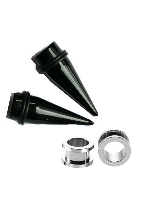 Pair Black Tapers and Steel Screw On Tunnels Plugs gauges Ear Stretching Kit - size=1/2" 12mm