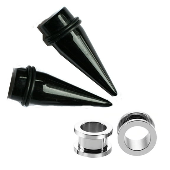 Pair Black Tapers and Steel Screw On Tunnels Plugs gauges Ear Stretching Kit - size=7/16 11mm