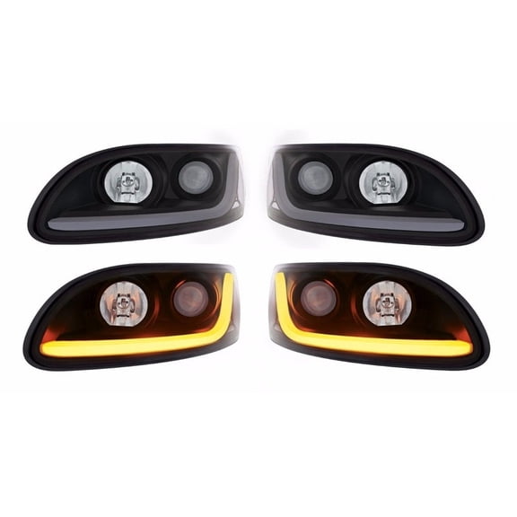 Pair Blackout Projection Headlights w/ Dual Function LED Light Bar for Peterbilt