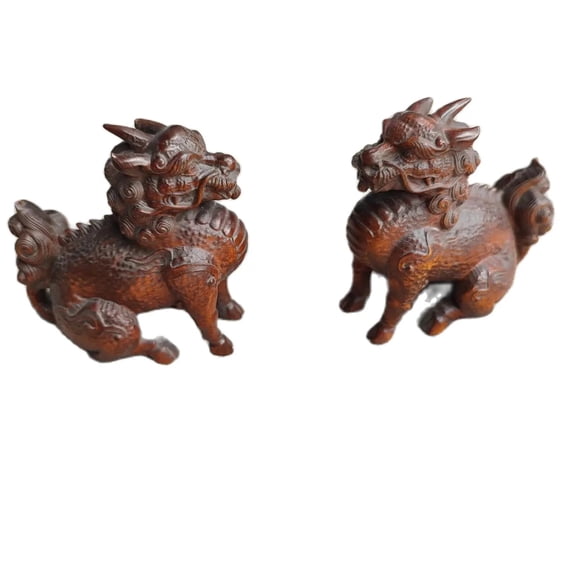 Pair Chinese Unicorn Fabulous Kylin Dragon Statue Boxwood Livingroom decorative sculpture home decor