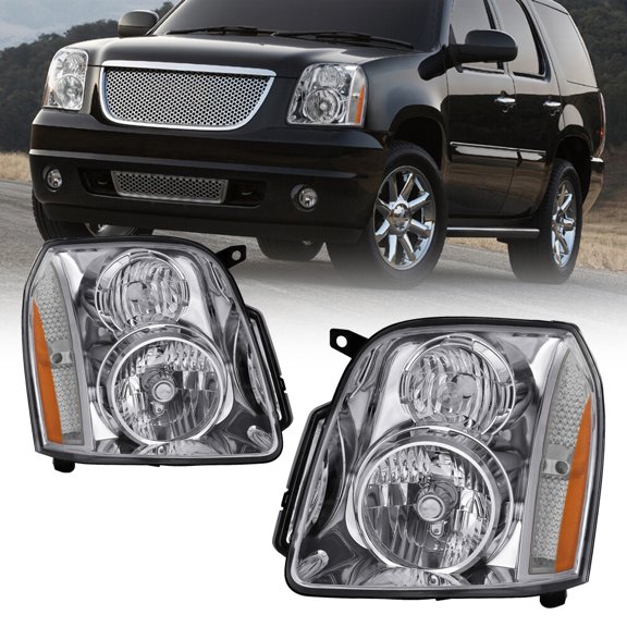 Pair Chrome Front Lamps Headlights Assembly For 2007-2014 GMC Yukon XL Denali