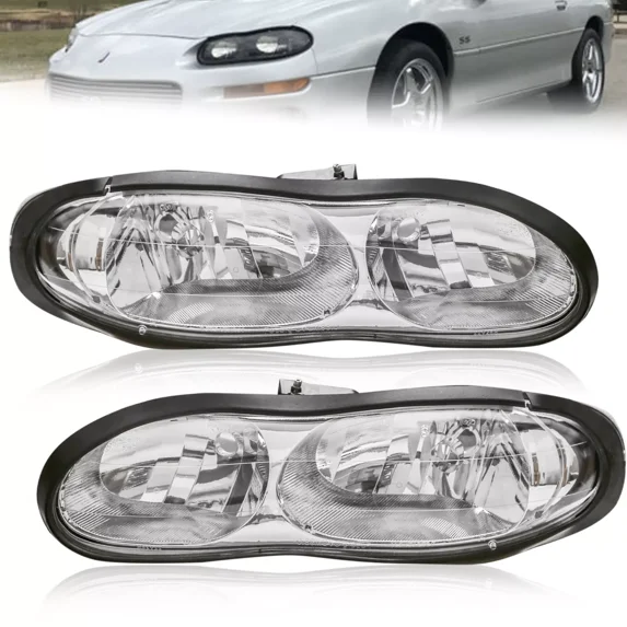 MOSTPLUS Pair Headlights ASSY for 1998-02 Chevrolet Camaro Base Chrome Housing Clear Lens