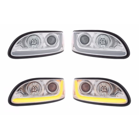 Pair Chrome Projection Headlights w/ Dual Function LED Light Bar for Peterbilt