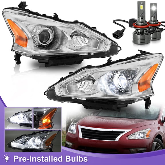 Pair Chrome Projector Headlights W/LED Bulbs For 2013-2015 Nissan Altima Sedan