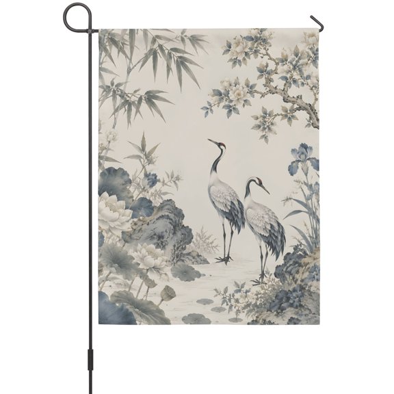 Pair of Cranes Garden Flag 12 x 18 Inches, Vintage Rustic Traditional White Lotus Flowers Weather Proof Outdoor Patio Flags Double Sided Small Garden Decoration for Yard Outside Home