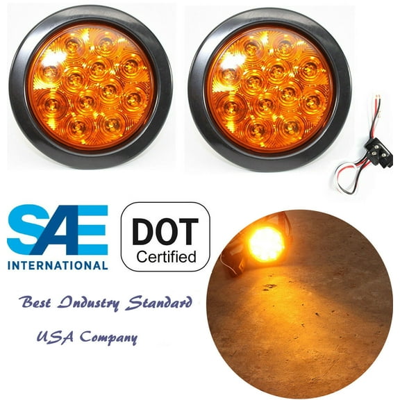 Pair Dazzle 4" Amber Round Turn Tail Parking LED Light Truck Trailer w Plug Grommet 25108AK