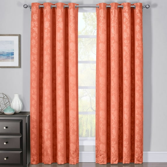 Pair Fannie 100% Blackout Curtain Panels - Woven Jacquard Triple Pass Thermal Insulated (Set of 2 Panels) - 108X84 - Coral