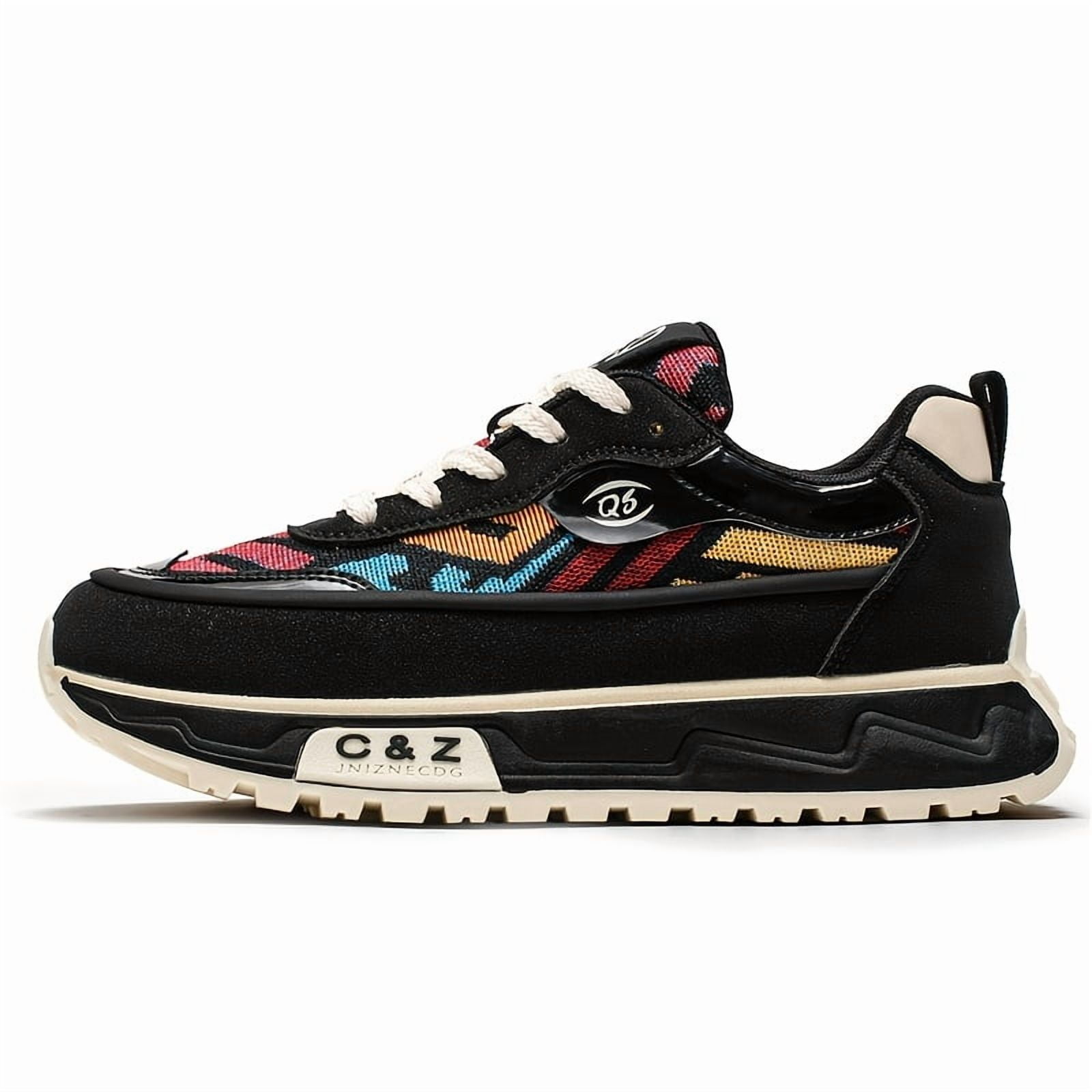 A Pair of Fashionable Men'S Sports Shoes | Casual All-season Hiking Shoes with Traditional Ethnic Plaid & Round Toe Design, Lace-up, Breathable Fabric Upper, Rubber Sole, Non-slip Durable Outdoor Foo