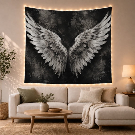 Pair Feathered Wings with Spread Textured Predominantly, Mystical Fantasy for Space Lovers, Aesthetic Wall Decor, Housewarming Gift, Tapestry Wall Hanging for Dorm and Living Room