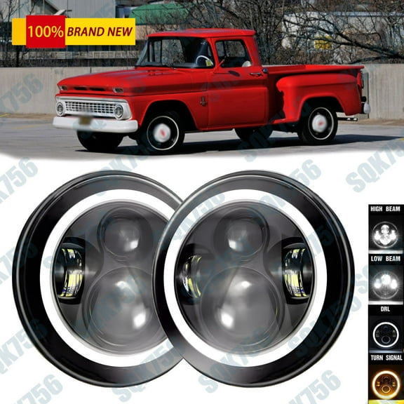 Pair For Chevy C10 C20 Pickup Camaro Nova 7" Round LED Headlights Hi/Lo Halo DRL