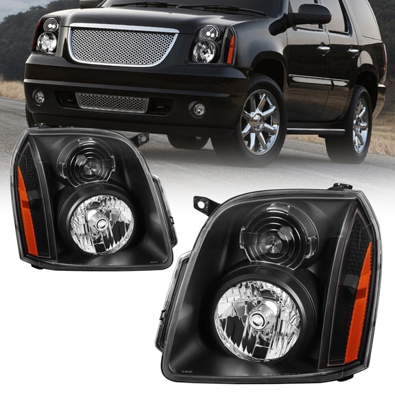 Pair Front Headlights Assembly For 2007-2014 GMC Yukon Denali XL Black Housing
