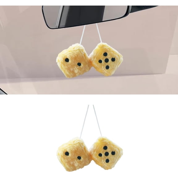 Pair Fuzzy Plush Dice for Car Mirror, 2.75'' Retro Square Auto Mirror Hanging, Universal Auto Rearview Mirror Ornament, Couple Pendant Charms, Car Accessories for Women (Gold)