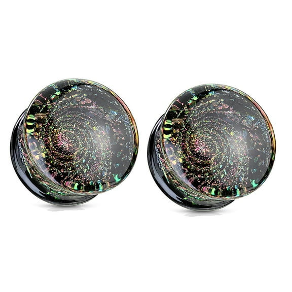 Pair Glitter Galaxy Glass Saddle Plugs Ear Gauges pyrex - size=1/2" 12mm
