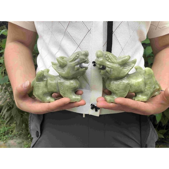 Pair Hand carved Natural green Jade Feng Shui Pi Yao/Pi Xiu statue for Wealth Good Luck Figurine, Collectible Qilin Stone brave troops Beast