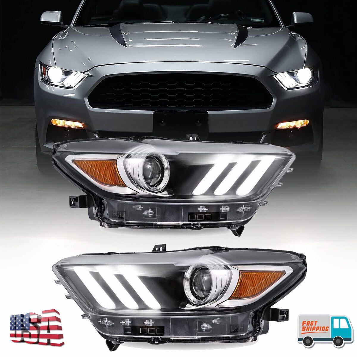 Pair Headlights 2015-2017 Ford Mustang Coupe & Convertible/2016-2020
