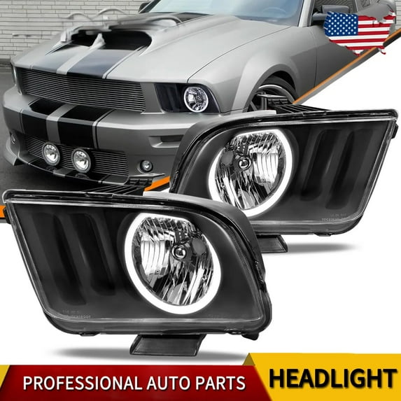 Pair Headlights Assembly For 2005-2009 Ford Mustang Black LED DRL Halo Headlamps