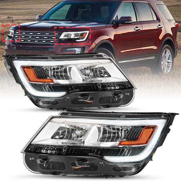 Pair Headlights Assembly LH+RH For 2016-2019 Ford Explorer Chrome w/ LED DRL