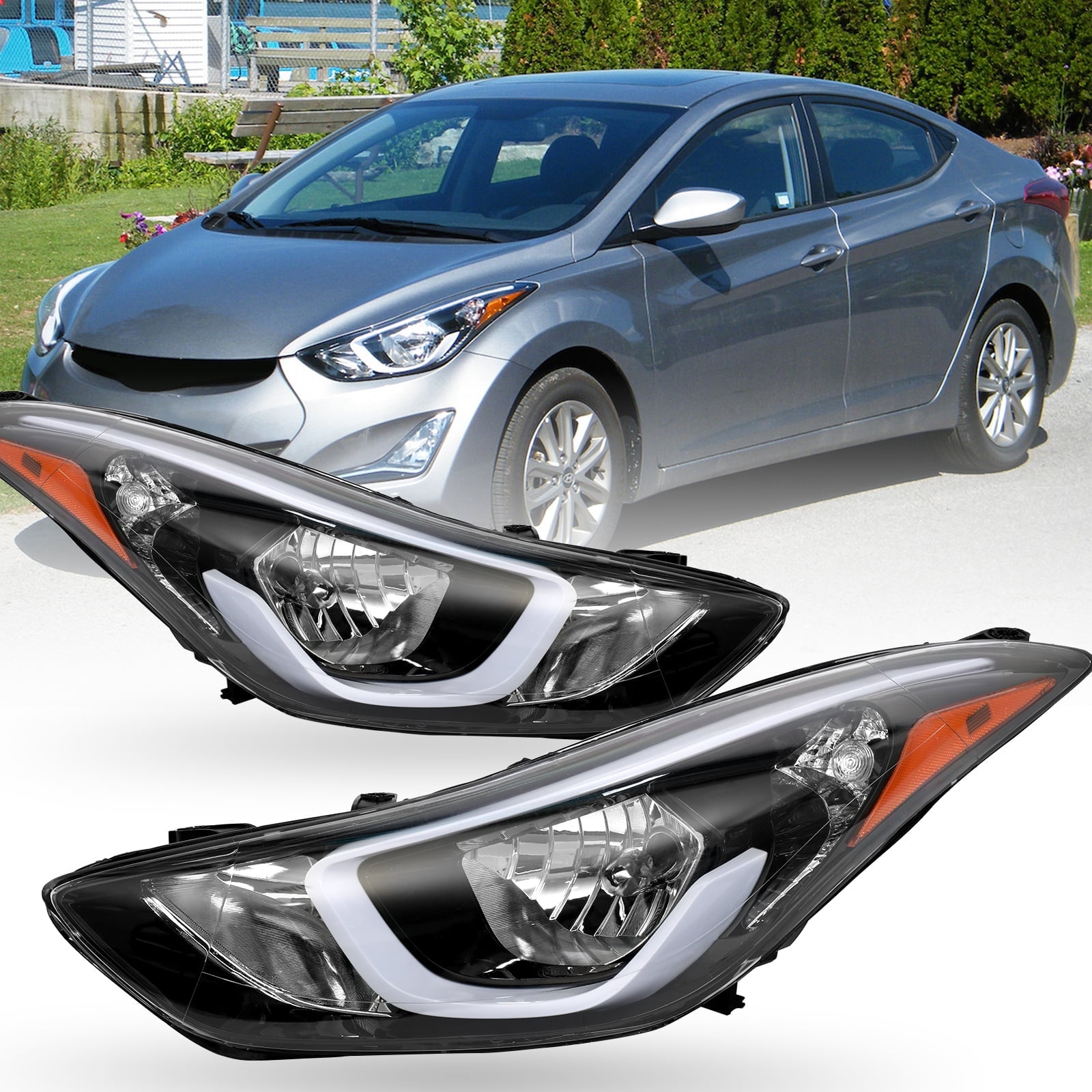 Pair of Headlights, Fits 2014 2015 2016 Hyundai Elantra Sedan Left and Right Headlights, LED Black Housing Amber Corner Clear Lens Halogen Headlights Direct Replacement (Driver + Passenger Side)