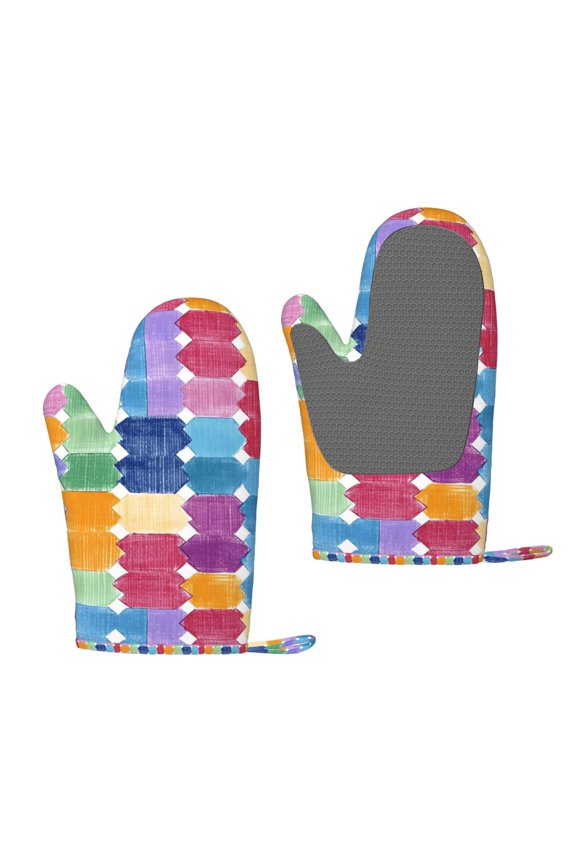 A Pair Of Heat Insulation And Anti-Perm Gloves 711in Thick Anti-Perm Palm With Silicone Piece Lanyard Design Is Easy To Hang Aliceblue Colorful Houndstooth Hand-Drawn Sketch_1