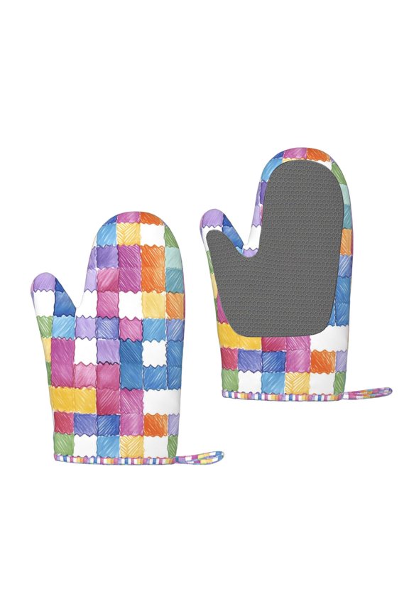 A Pair Of Heat Insulation And Anti-Perm Gloves 711in Thick Anti-Perm Palm With Silicone Piece Lanyard Design Is Easy To Hang Aliceblue Colorful Houndstooth Hand-Drawn Sketch_2
