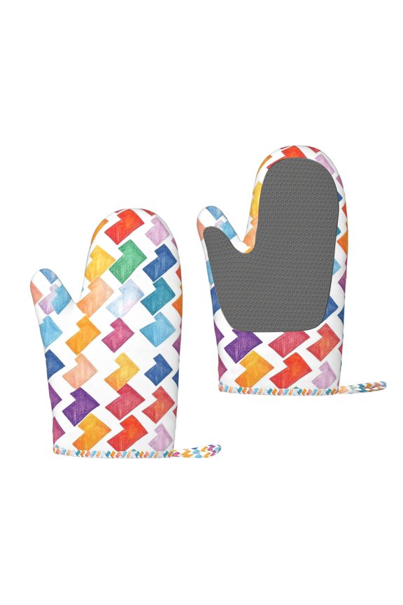 A Pair Of Heat Insulation And Anti-Perm Gloves 711in Thick Anti-Perm Palm With Silicone Piece Lanyard Design Is Easy To Hang Aliceblue Colorful Houndstooth Hand-Drawn Sketch_4