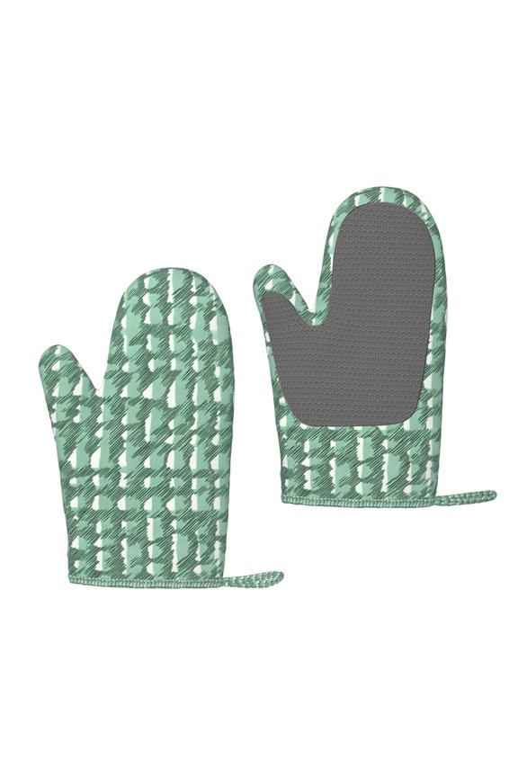 A Pair Of Heat Insulation And Anti-Perm Gloves 711in Thick Anti-Perm Palm With Silicone Piece Lanyard Design Is Easy To Hang Green Houndstooth Vintage Texture Hand-Drawn Sketch_1