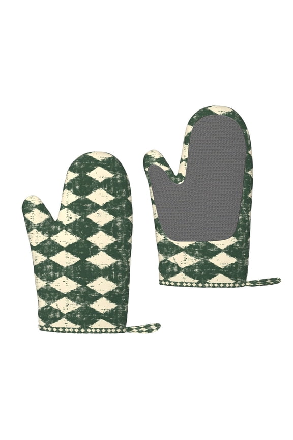 A Pair Of Heat Insulation And Anti-Perm Gloves 711in Thick Anti-Perm Palm With Silicone Piece Lanyard Design Is Easy To Hang Green Houndstooth Vintage Texture Hand-Drawn Sketch_2