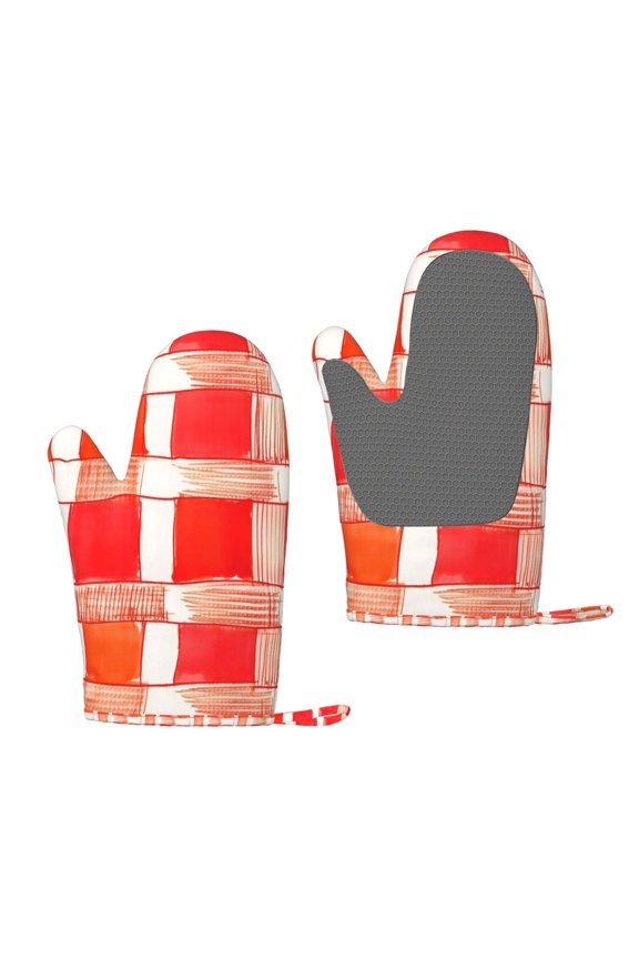 A Pair Of Heat Insulation And Anti-Perm Gloves 711in Thick Anti-Perm Palm With Silicone Piece Lanyard Design Is Easy To Hang Orangered Houndstooth Checkered Hand-Drawn Sketch_1