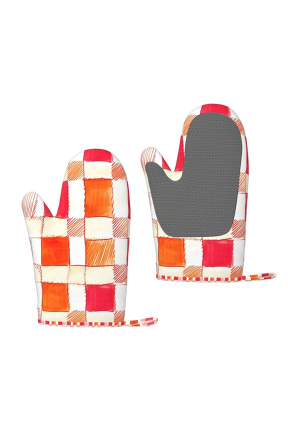 A Pair Of Heat Insulation And Anti-Perm Gloves 711in Thick Anti-Perm Palm With Silicone Piece Lanyard Design Is Easy To Hang Orangered Houndstooth Checkered Hand-Drawn Sketch_4