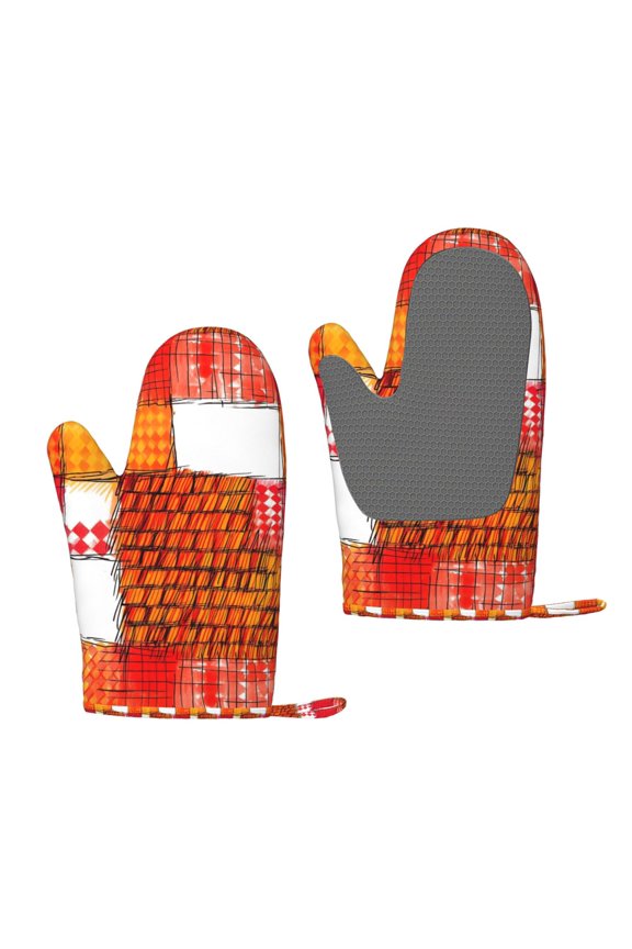A Pair Of Heat Insulation And Anti-Perm Gloves 711in Thick Anti-Perm Palm With Silicone Piece Lanyard Design Is Easy To Hang Orangered Houndstooth Checkered Hand-Drawn Sketch_2