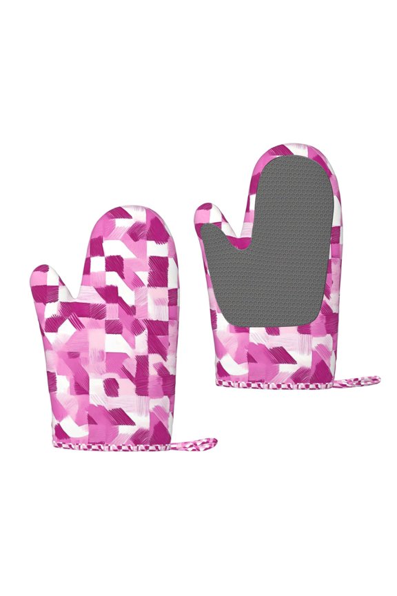 A Pair Of Heat Insulation And Anti-Perm Gloves 711in Thick Anti-Perm Palm With Silicone Piece Lanyard Design Is Easy To Hang Pink Abstract Houndstooth Hand-Drawn Sketch_3